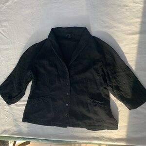 Eileen Fisher 3/4 Sleeve Black Linen Blend Textured Blazer, shell buttons.